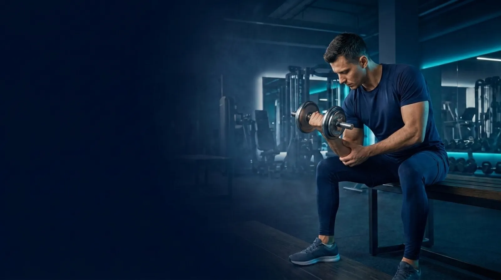 Hombre realizando un ejercicio con mancuerna en un gimnasio con iluminaci&oacute;n azul