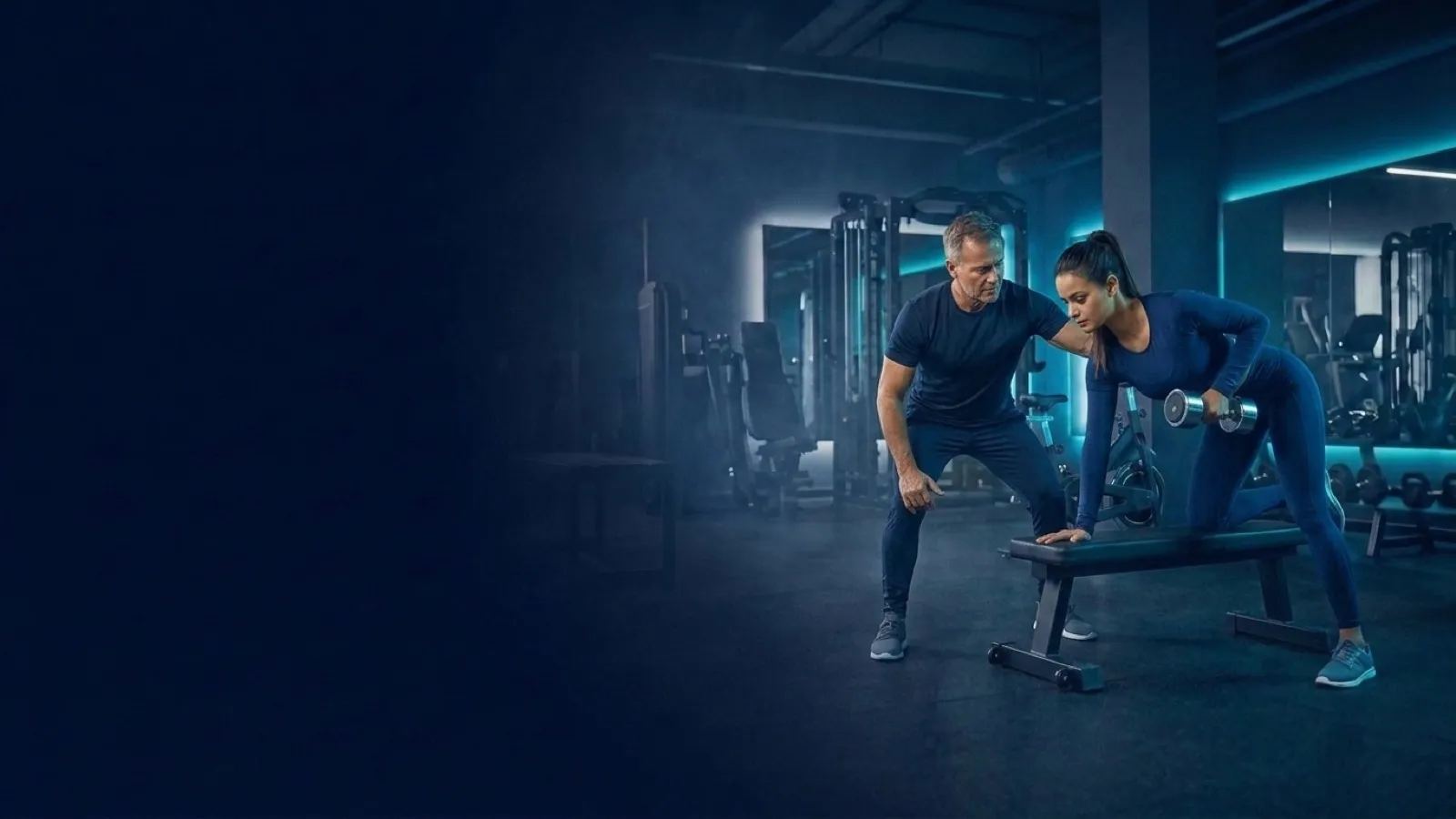Entrenador personal corrigiendo el ejercicio con mancuerna de una clienta en un gimnasio