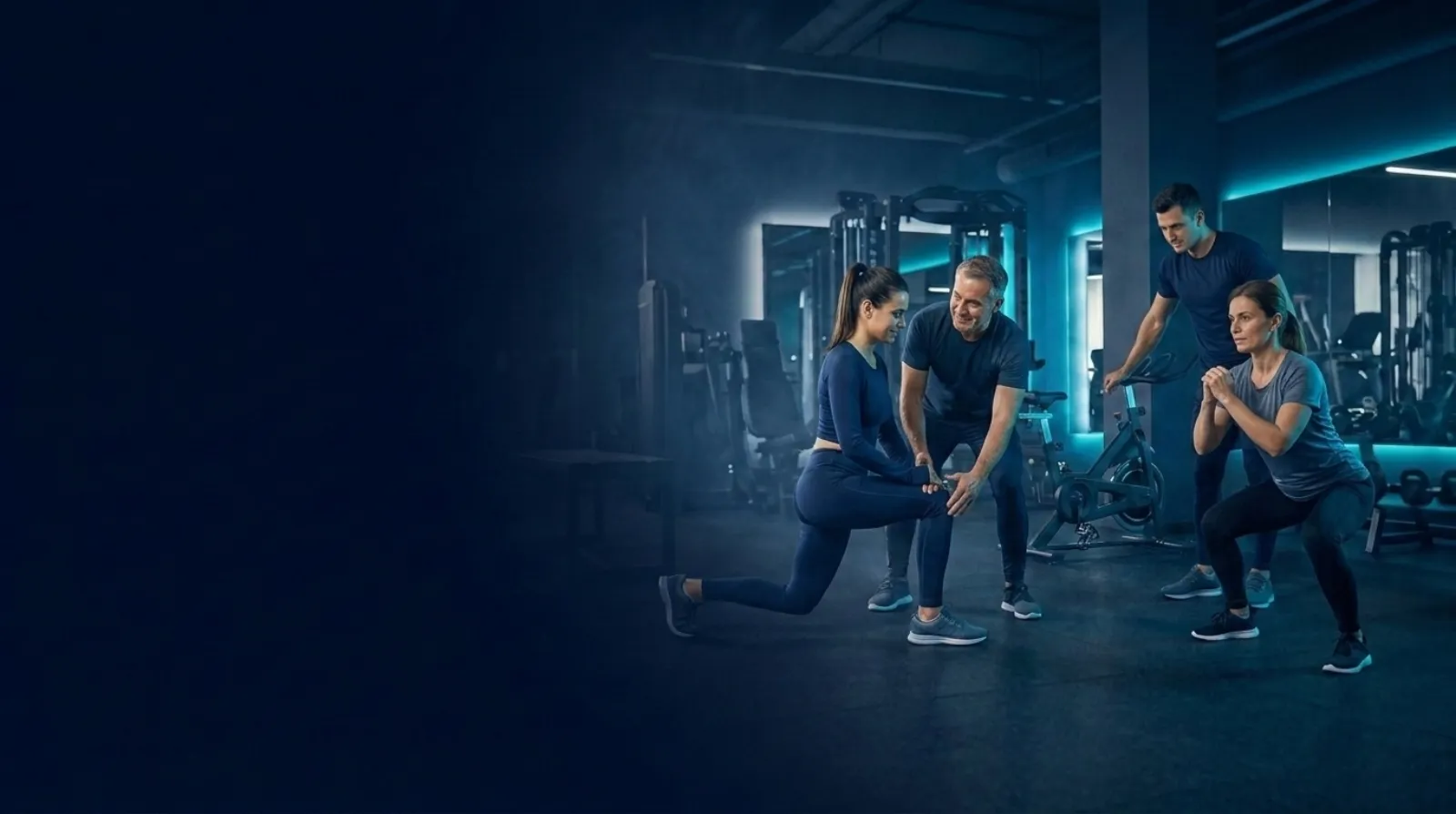 Entrenador corrigiendo la t&eacute;cnica de una persona dentro de un grupo reducido en un gimnasio