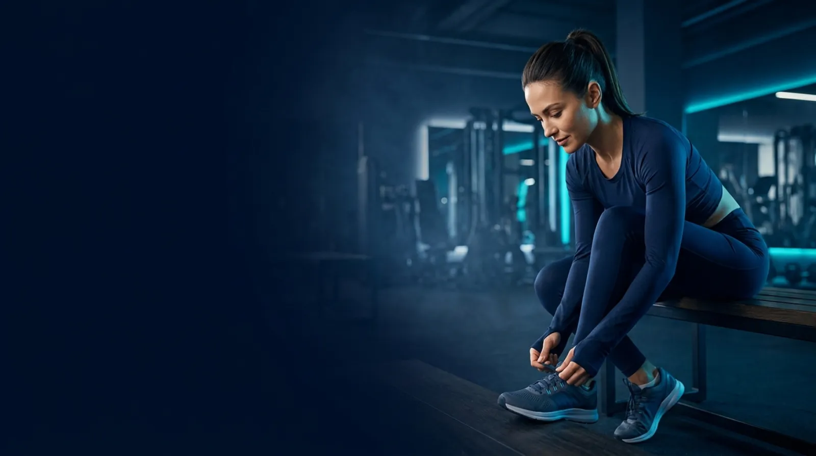 Mujer at&aacute;ndose las zapatillas en un banco de un gimnasio antes de entrenar